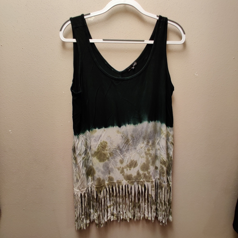 Tie-Dye Fringe Tank Top -   Green And  Cream